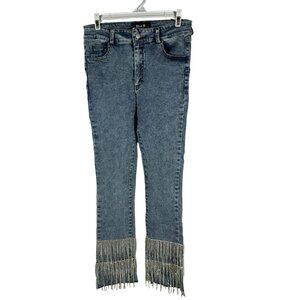 Blue B Collection Medium Denim Jeans With Rhinestone Fringe Hem Medium Wash